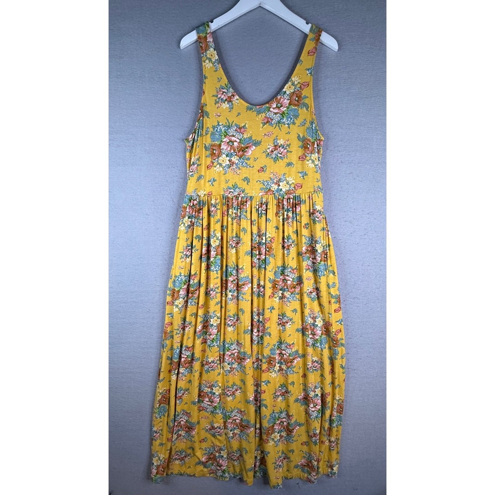 April Cornell Maxi Dress Womens L Yellow Floral Vintage Cottagecore Feminine